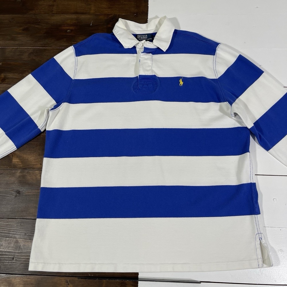 Vintage 90s Polo Ralph Lauren Rugby Shirt Men's Sz XL Royal Blue White Stripe - Picture 2 of 8